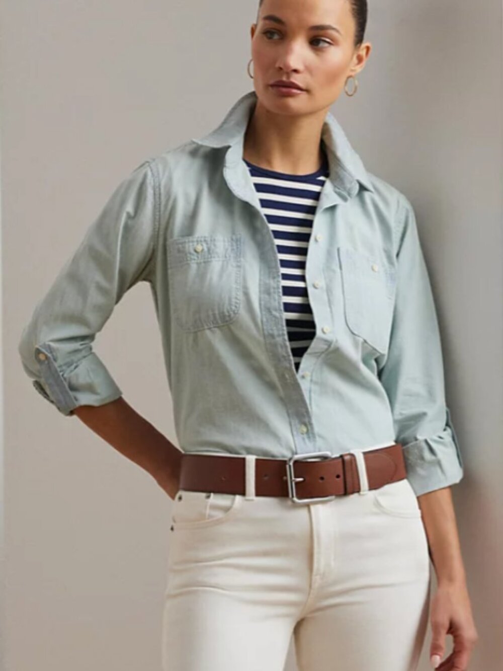 NWT Lauren Ralph Lauren Cotton Chambray Long Sleeve Roll-Tab Button Up Shirt LG